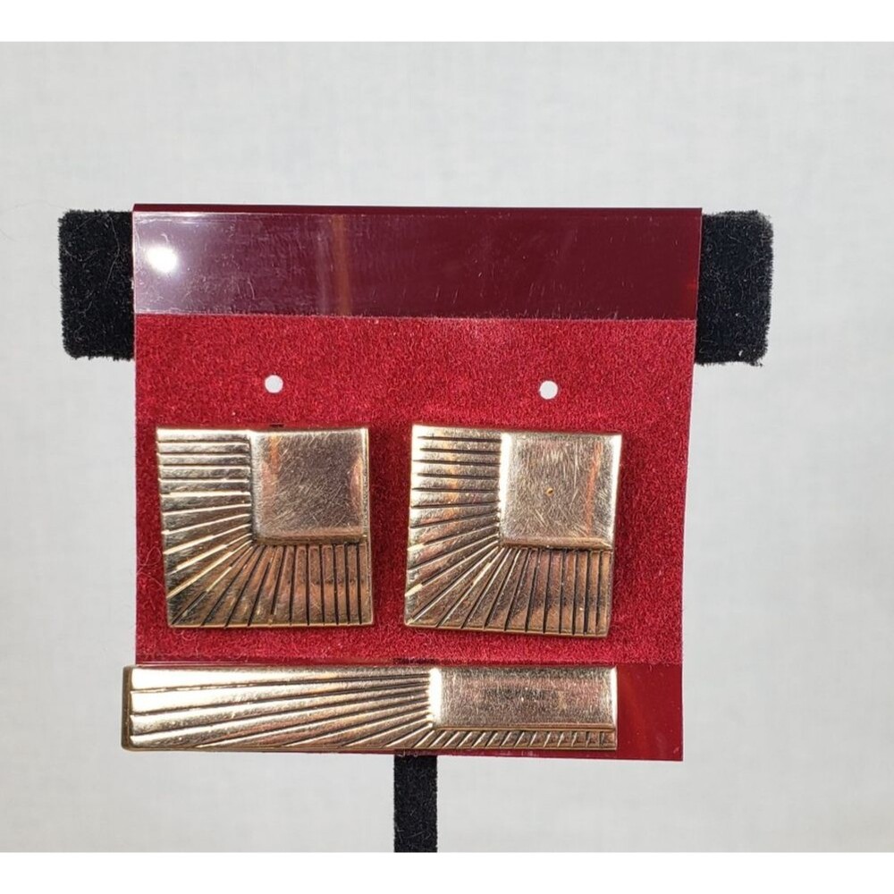 Vintage Swank Cufflinks Tie Bar MCM Gold Tone Square Etched 1950s-1960s